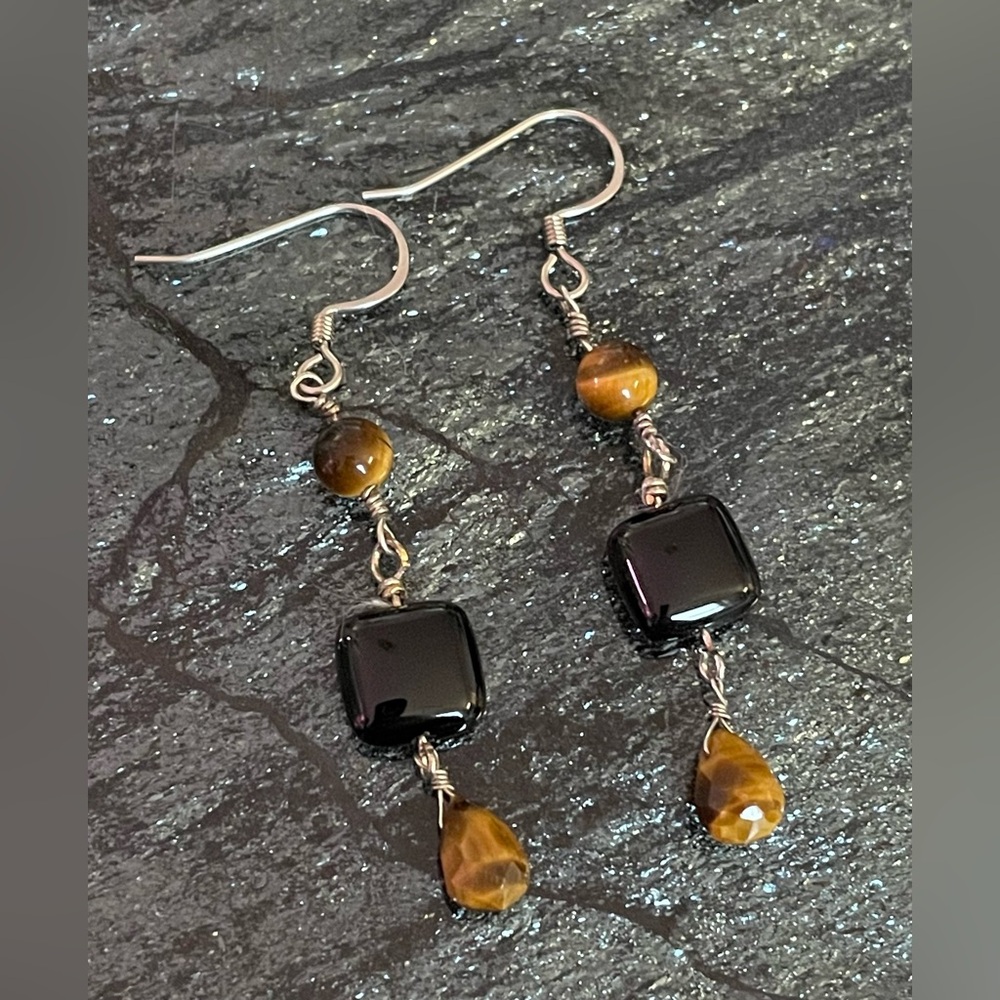 Tiger’s Eye and Black Obsidian Handmade Dangle Earrings